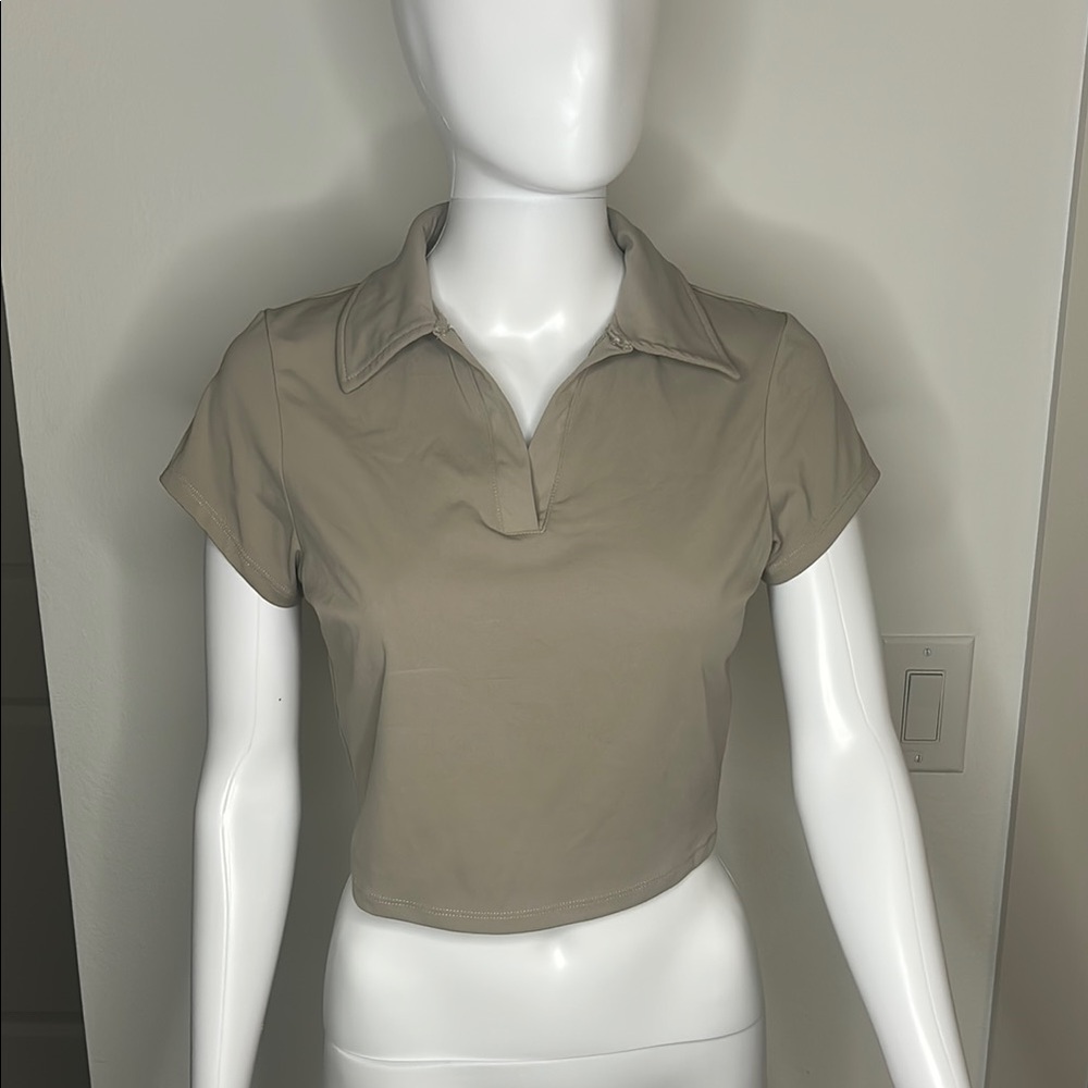 Beige Collared Crop Top